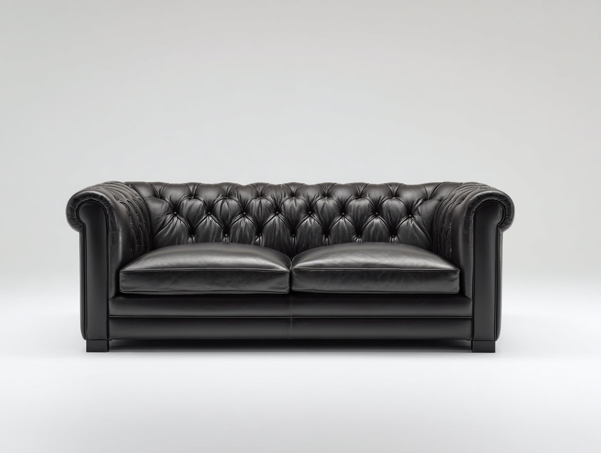 Sofá lineal de 2 plazas de cuero 196 x 94 x 78 cm - negro - capitoné Chesterfield y reposabrazos enrollados