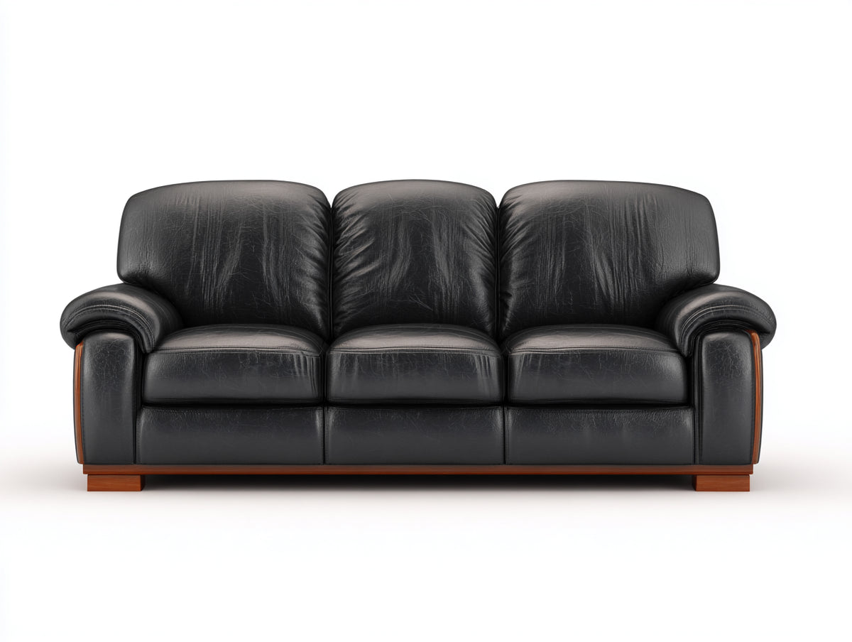 Sofás lineales tapizado en cuero sintético 225 x 96 x 90 cm - Negro y madera rojiza - Diseño clásico de 3 plazas para salón