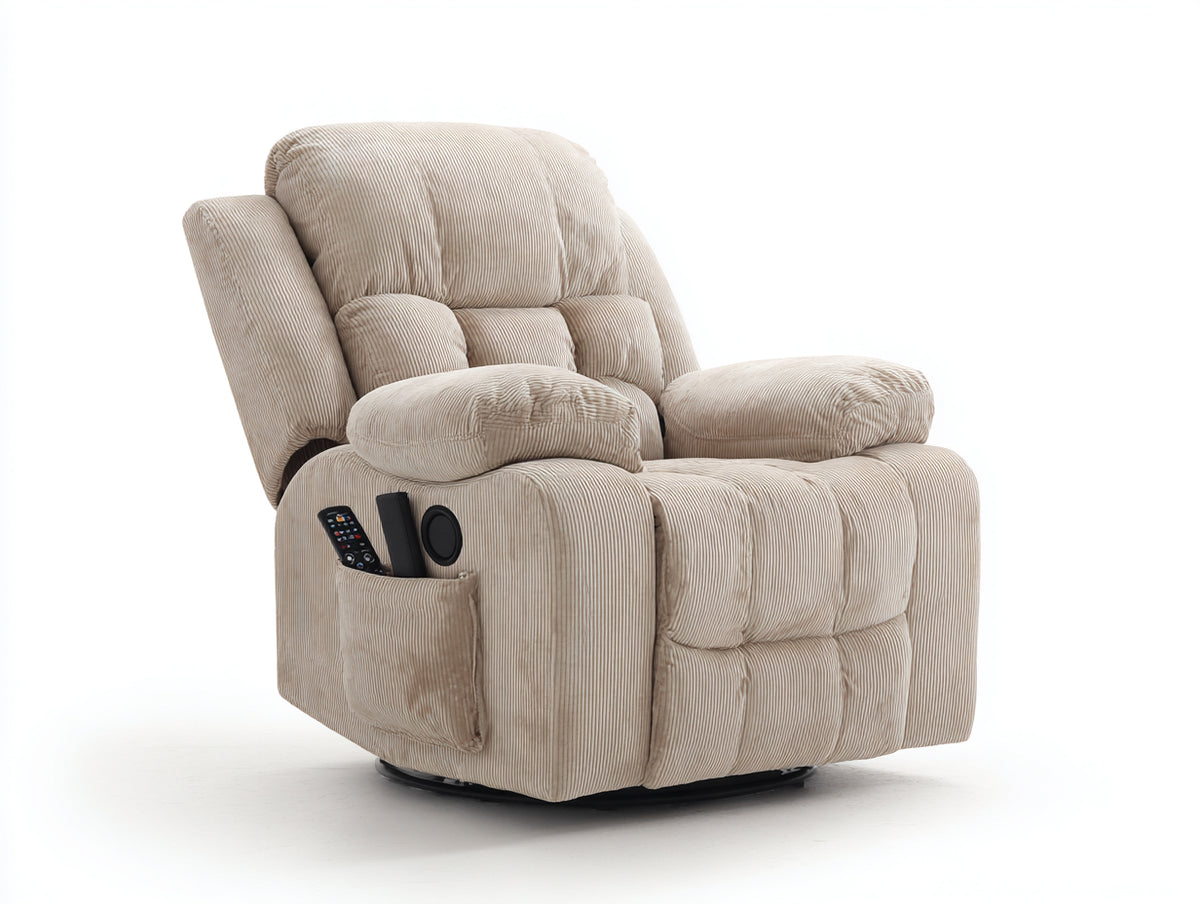 Sillón reclinable eléctrico giratorio de pana 98 x 94 x 106 cm - beige claro - respaldo acolchado y bolsillo lateral