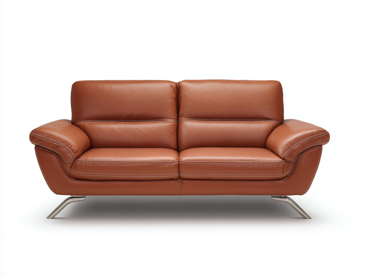 Sofá lineal de 2 plazas de cuero sintético 204 x 94 x 88 cm - marrón coñac y plateado - reposabrazos curvados y patas metálicas