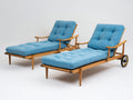 Tumbonas de madera 205 x 75 x 98 cm - Azul y madera natural - Diseño reclinable con ruedas para jardín
