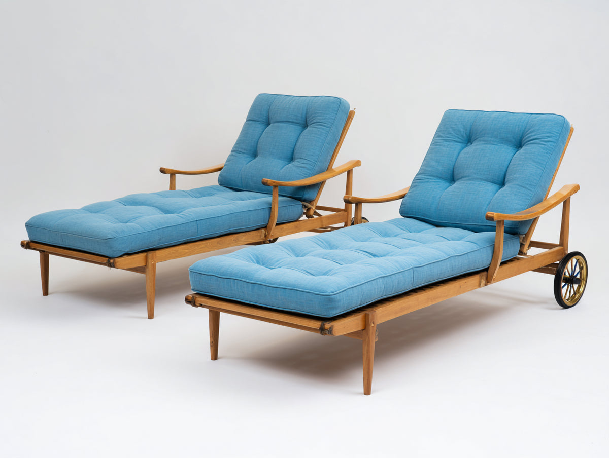 Tumbonas de madera 205 x 75 x 98 cm - Azul y madera natural - Diseño reclinable con ruedas para jardín