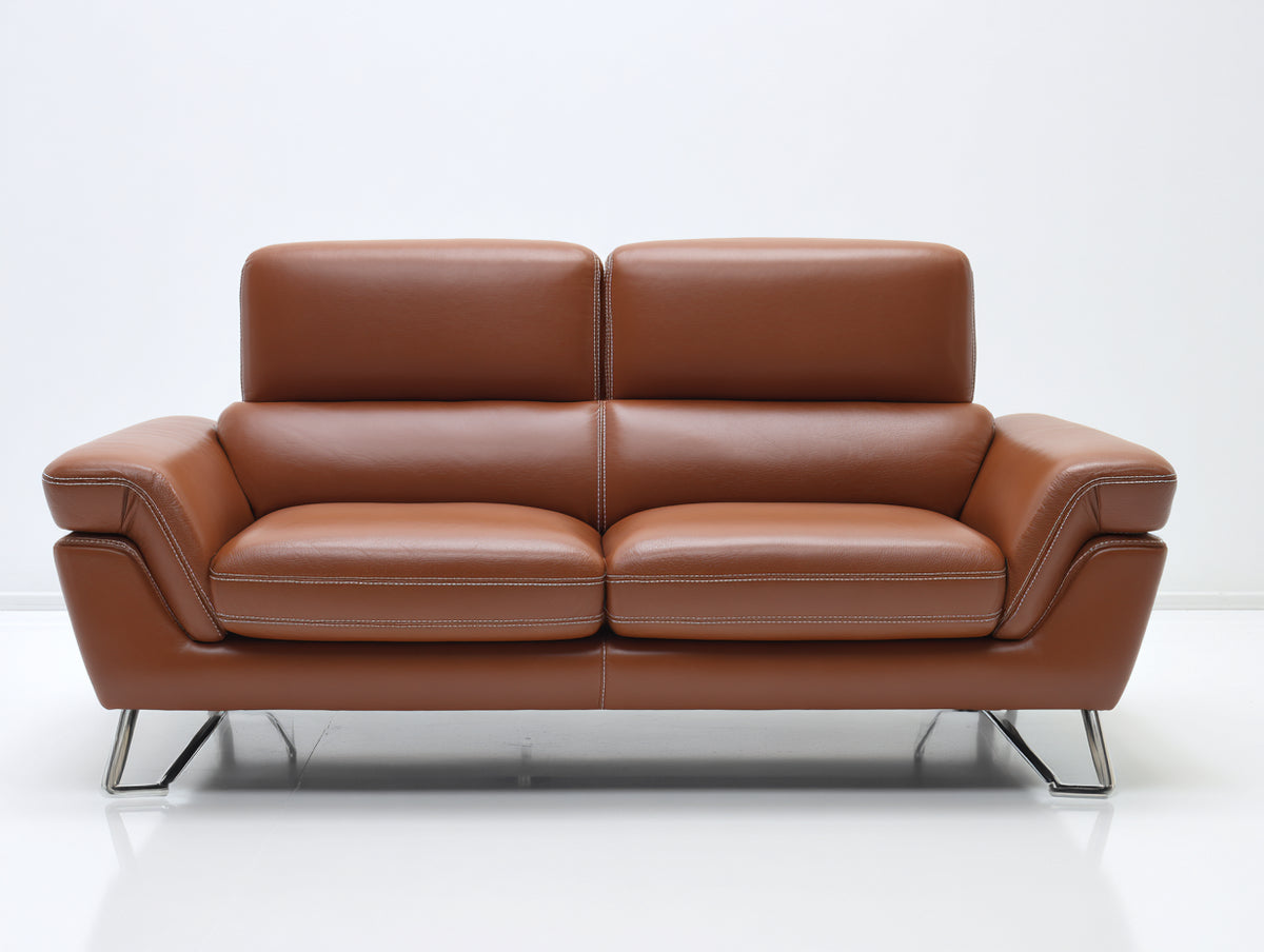 Sofás lineales tapizado en cuero sintético 190 x 92 x 88 cm - Marrón coñac y plata - Diseño moderno de 2 plazas para salón