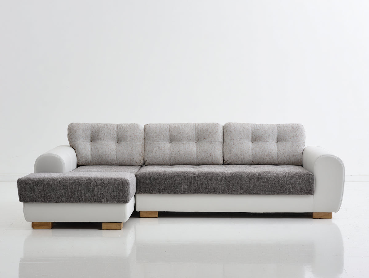 Sofá de esquina de tela y cuero sintético 280 x 170 x 86 cm - gris beige y blanco - chaise longue y respaldo capitoné