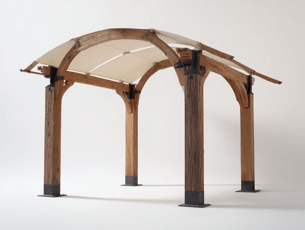 Pérgola de jardín de madera y tejido 300x300x250 cm - Marrón natural beige y negro - Diseño rústico con cubierta arqueada