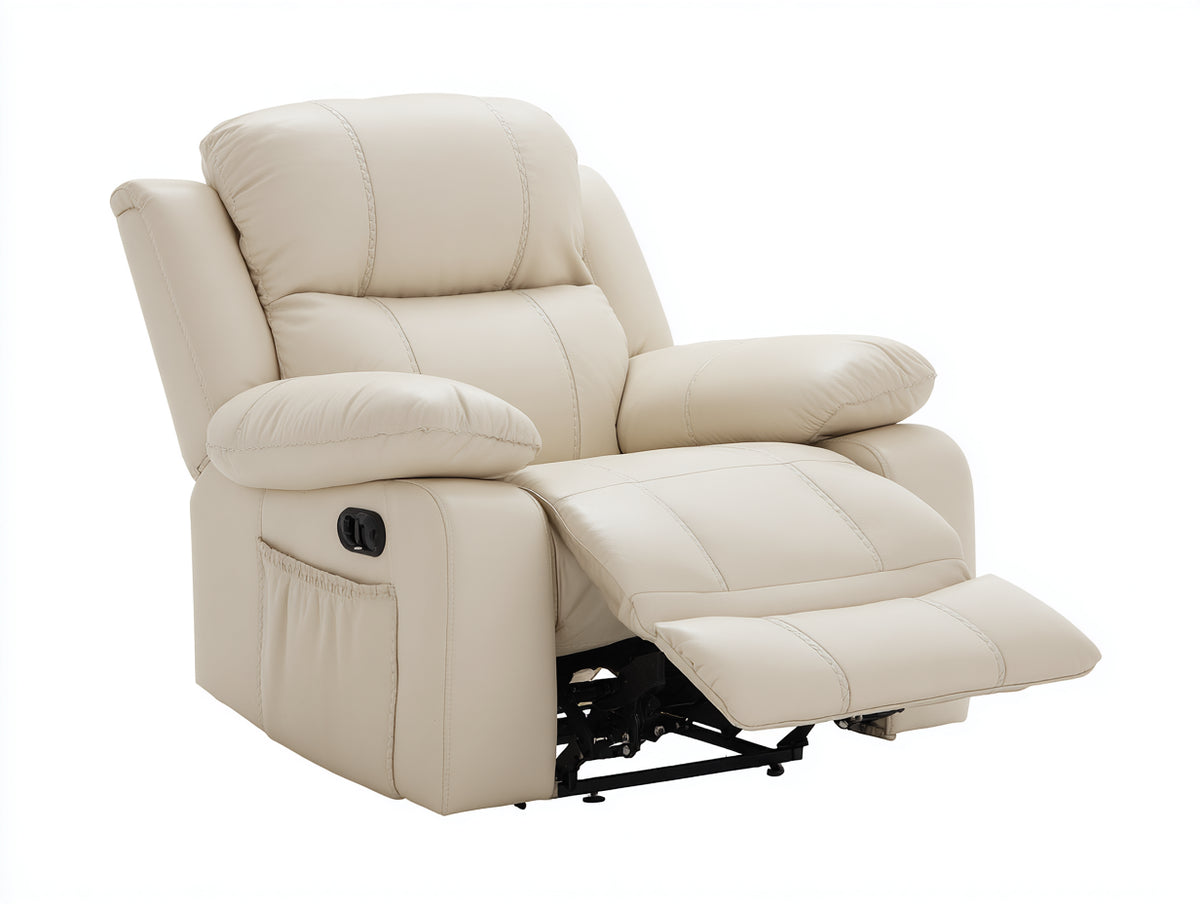 Sillón reclinable manual de cuero sintético 97 x 93 x 105 cm - crema - reposapiés extensible y bolsillo lateral