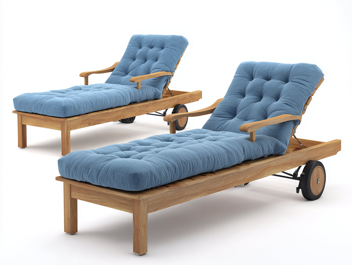 Tumbonas de madera con acolchado 200 x 72 x 92 cm - azul claro y marrón natural - respaldo reclinable con ruedas