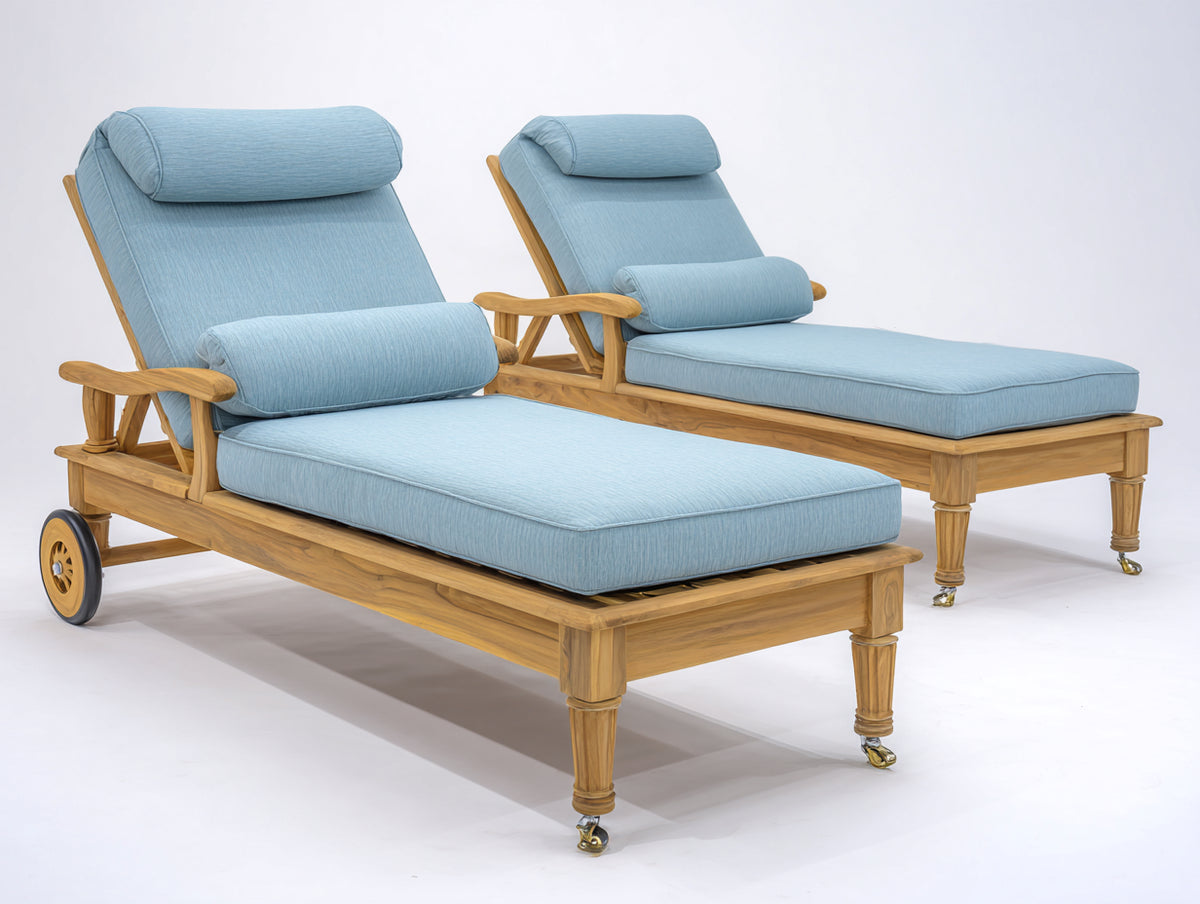 Tumbonas de madera 210 x 82 x 100 cm - Azul claro madera natural y dorado - Diseño reclinable con ruedas para jardín