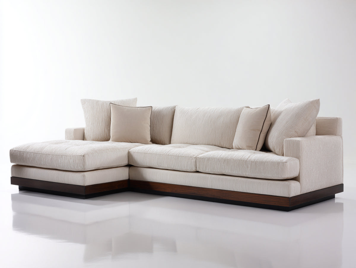 Sofá de esquina de tela 286 x 188 x 86 cm - crema y marrón oscuro - chaise longue y base de madera