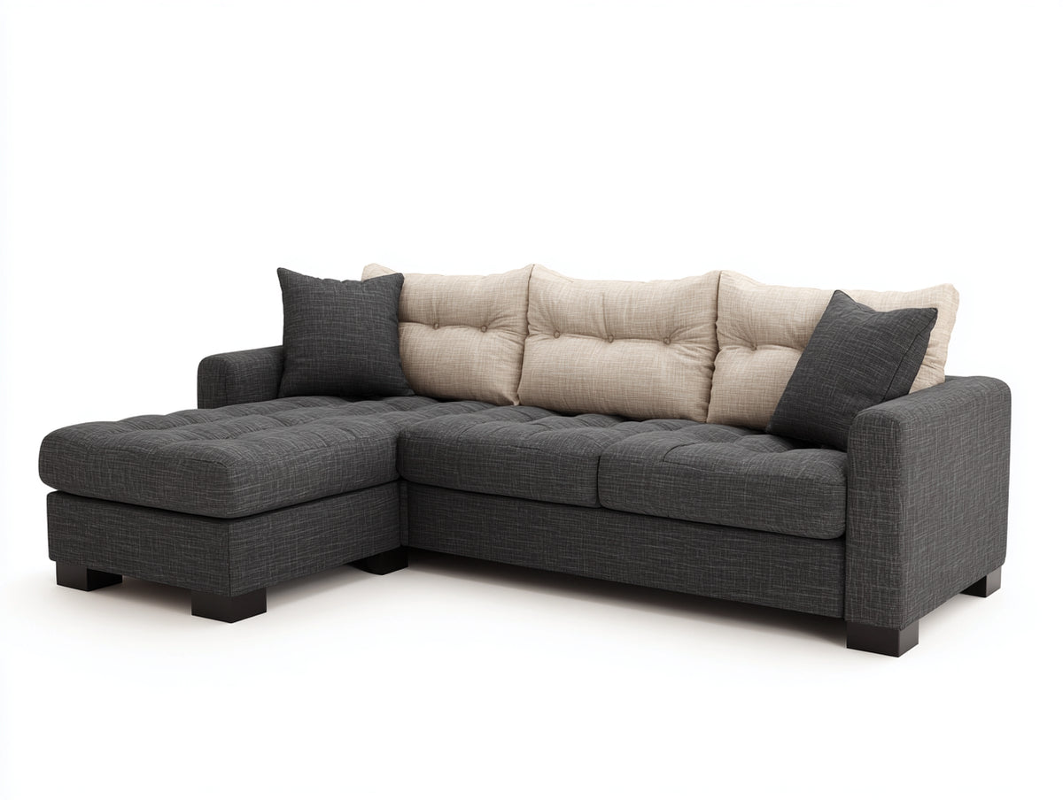 Sofá de esquina de tela 276 x 168 x 87 cm - gris oscuro y beige - chaise longue y diseño capitoné