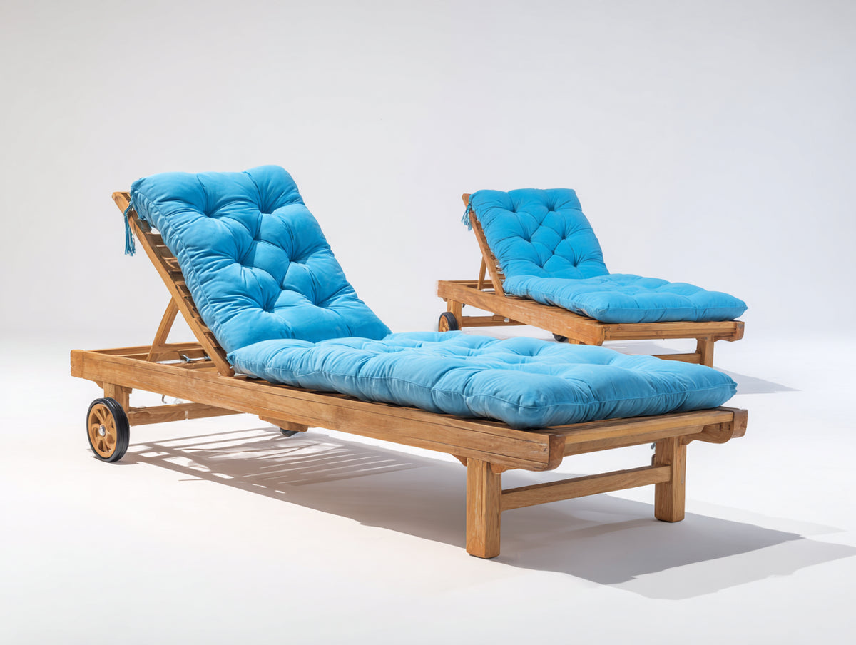 Tumbonas de madera 205 x 75 x 95 cm - Azul turquesa madera natural y negro - Diseño reclinable con ruedas para jardín