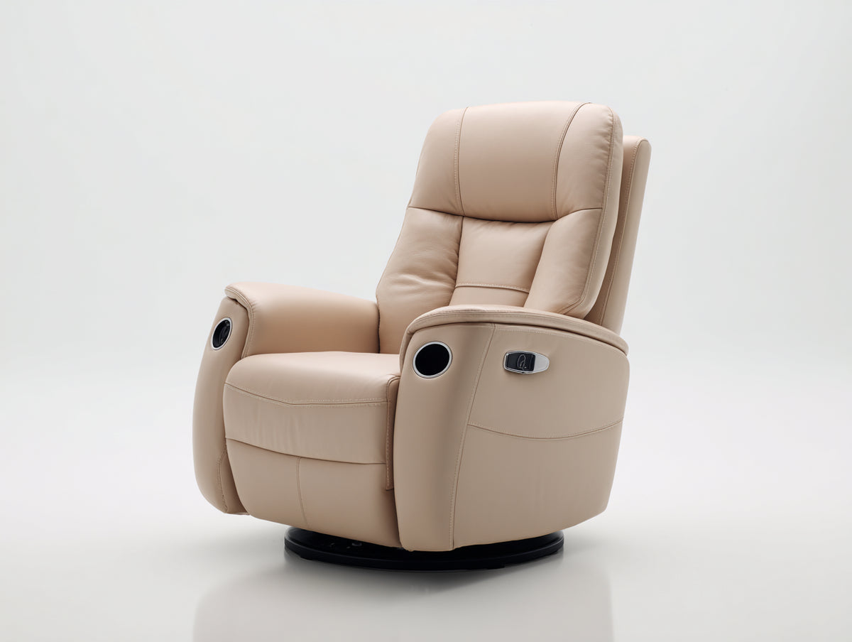 Sillón reclinable eléctrico giratorio de cuero sintético 92 x 90 x 108 cm - beige - reposapiés extensible y portavasos