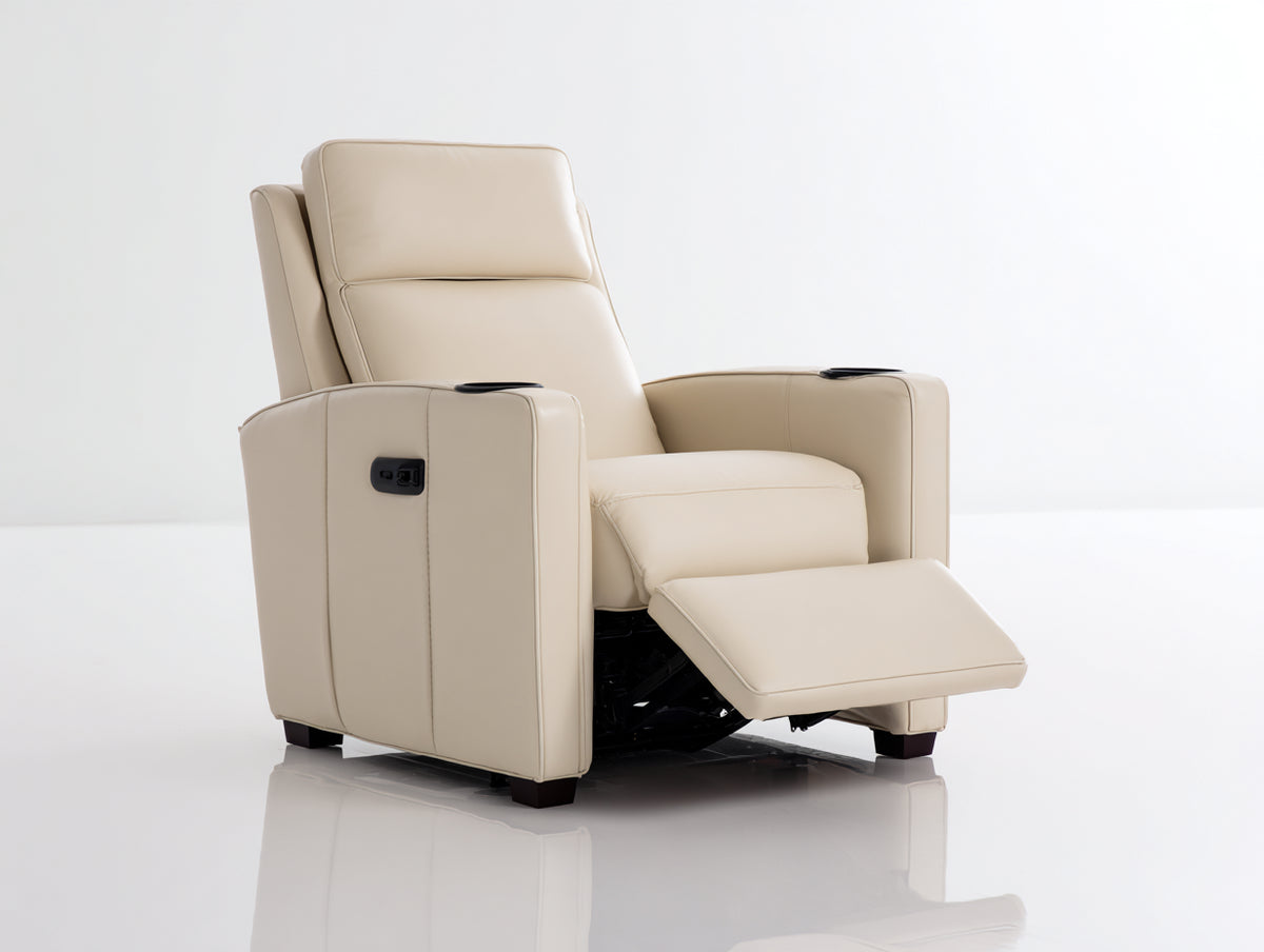Sillones reclinables tapizados en cuero sintético 92 x 98 x 110 cm - Beige y negro - Diseño eléctrico con reposapiés y portavasos para salón