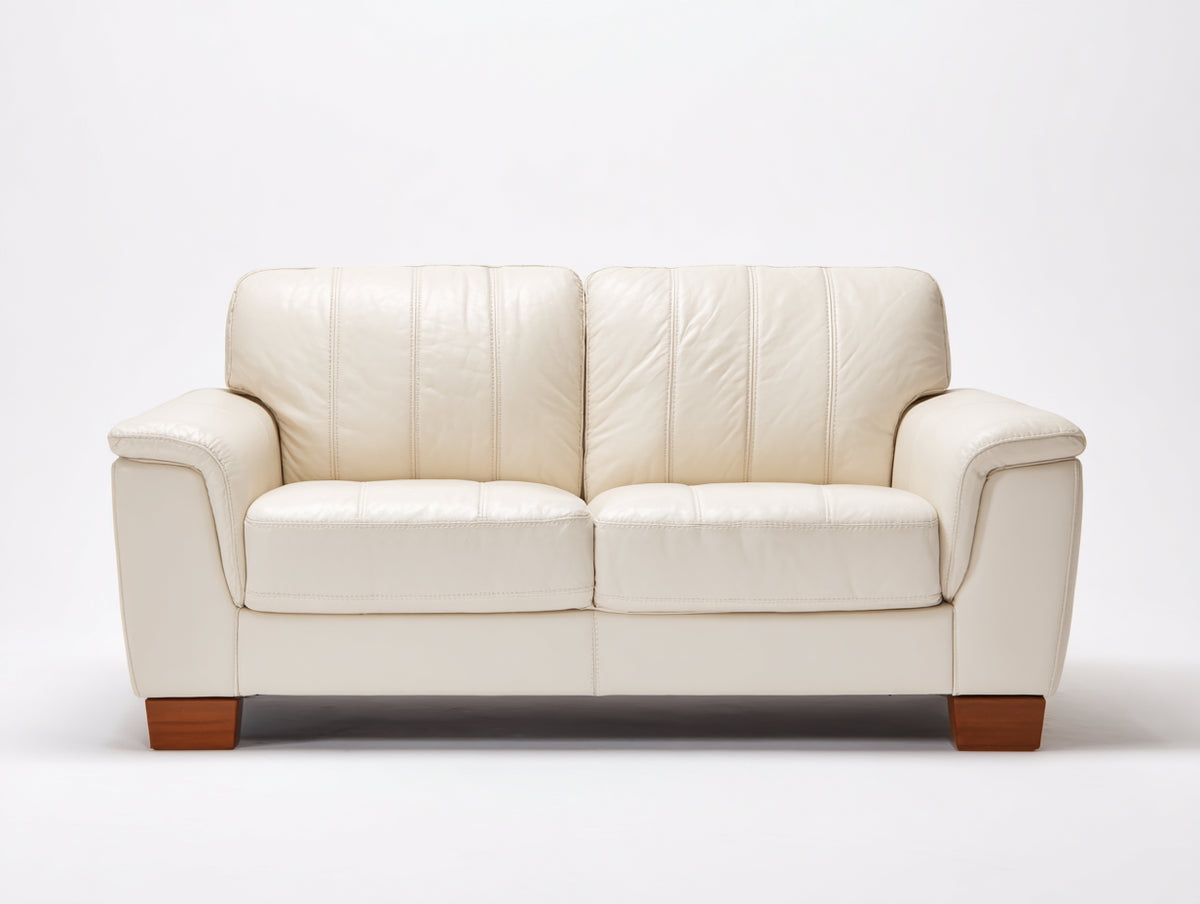 Sofás lineales tapizado en cuero sintético 185 x 92 x 88 cm - Blanco crema y madera natural - Diseño clásico de 2 plazas para salón
