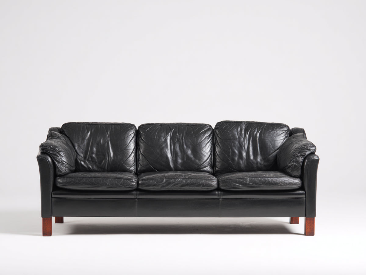 Sofá lineal de cuero 224 x 92 x 86 cm - negro y marrón oscuro - 3 plazas y patas de madera