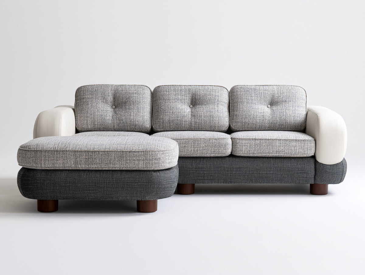 Sofás de esquina tapizado en tejido 260 x 260 x 86 cm - Gris claro gris oscuro blanco y madera oscura - Diseño moderno con chaise longue para salón